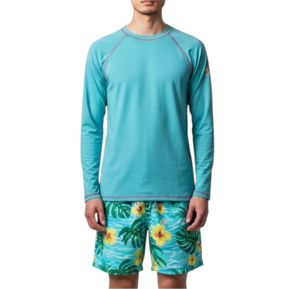 CROWN & IVY Men’s Cabana 50+ UPF Rashguard Shirt in Teal Size Medium -- NWT